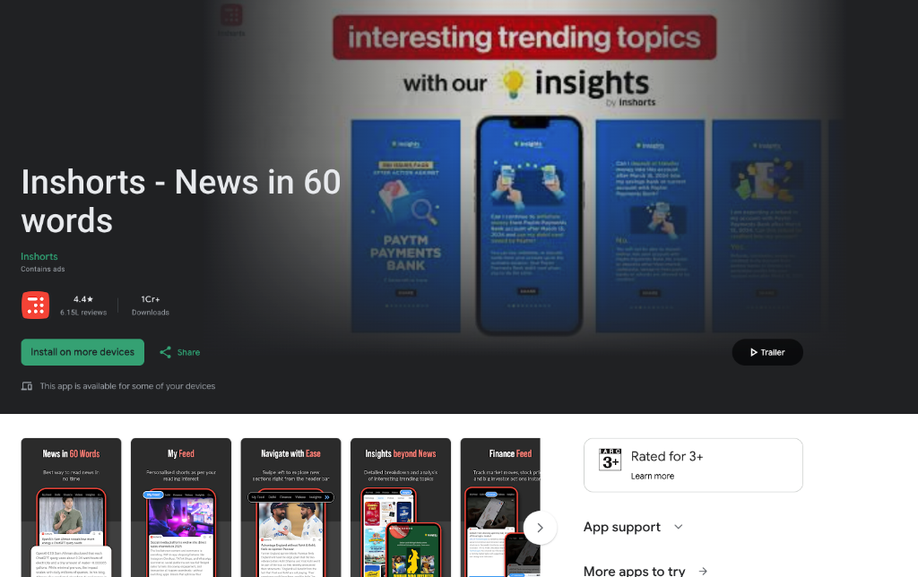 Inshorts News in 60 words app Google Play Store listing showing 60-word cards and swipe navigation