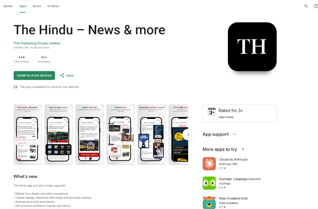 The Hindu News & more app Google Play Store listing showing legacy journalism, e-paper, and in-depth analytical reporting