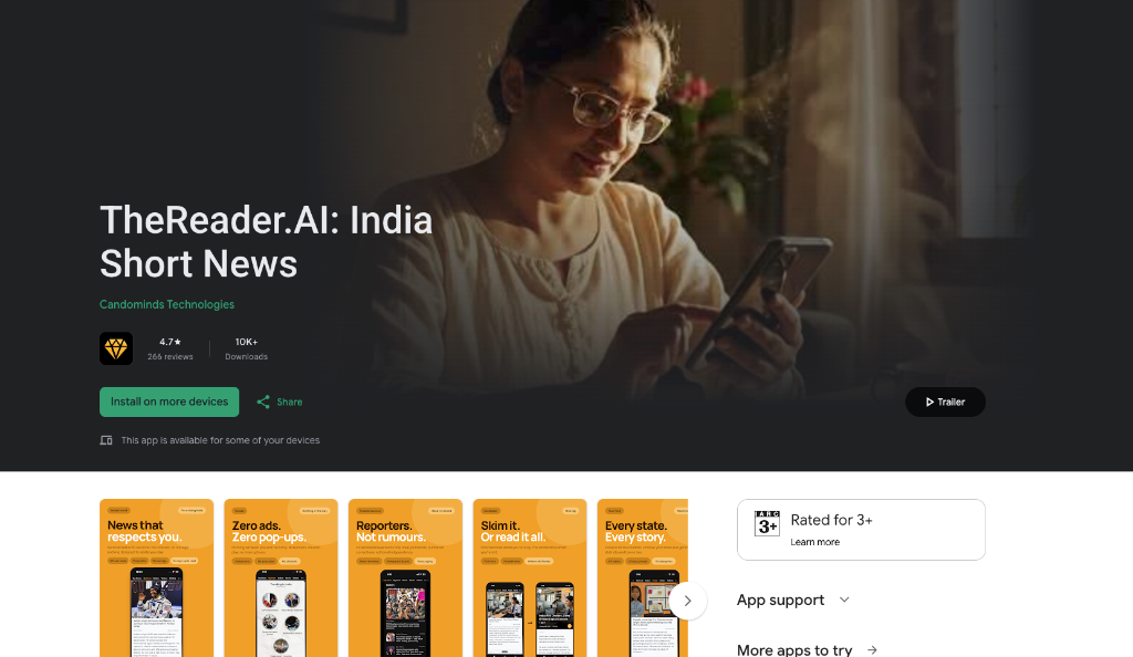 TheReader.AI India Short News app Google Play Store listing showcasing 100% ad-free experience, neural audio, and verified publisher news